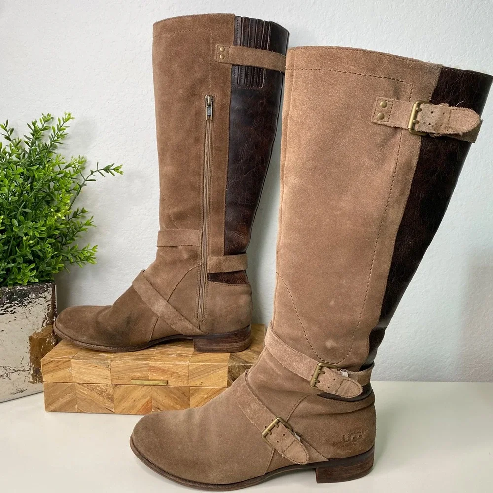 UGG Cydnee Tall Riding Boots Tan Sude Brown Leather Size‎ 9